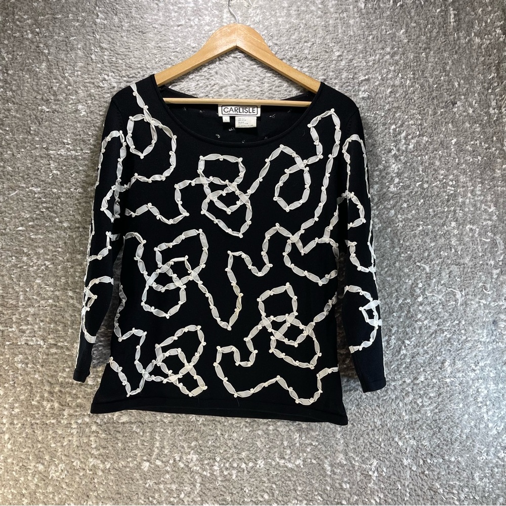 Carlisle Women‎ Black Ribbon Long Sleeve Silk Blend Sweater Black/White Large